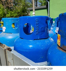 Cracow, Poland - May 2022: Closeup Of Gas Bottles With Liquid Petroleum Gas LPG On A Transport Truck. Selected Focus.