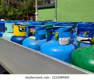 Cracow, Poland - May 2022: Gas Bottles With Liquid Petroleum Gas LPG On A Transport Truck. Selected Focus.