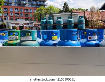 Cracow, Poland - May 2022: Gas Bottles With Liquid Petroleum Gas LPG On A Transport Truck. Selected Focus.