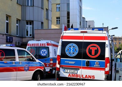 Cracow, Poland - May 2022: View On A Back Side Of An Ambulance On A Driveway To A Hospital Emergency At The Gabriel Narutowicz Hospital. Selected Focus.