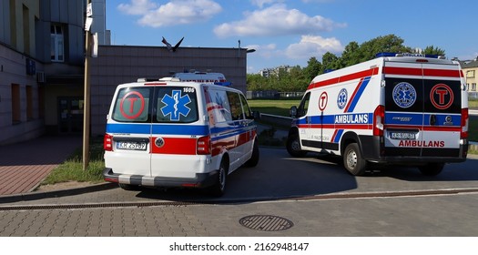 Cracow, Poland - May 2022: View On A Back Side Of An Ambulance On A Driveway To A Hospital Emergency At The Gabriel Narutowicz Hospital. Selected Focus.