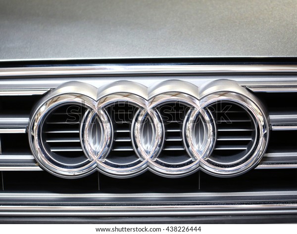 CRACOW, POLAND - MAY 21, 2016:Audi metallic logo
closeup on Audi  car displayed at 3rd edition of MOTO SHOW in
Cracow Poland. Exhibitors present  most interesting aspects of the
automotive industry