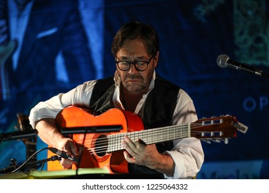 Cracow, Poland - November 2, 2018: American jazz fusion and Latin jazz guitarist Al Di Meola performing live on the Kijow.Centre stage in Krakow, Poland