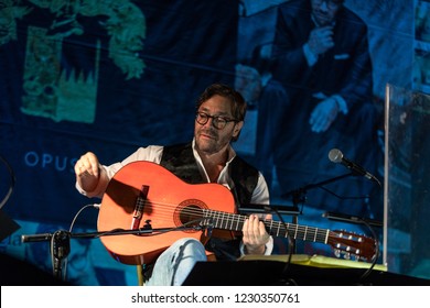 Cracow, Poland - November 2, 2018: American jazz fusion and Latin jazz guitarist Al Di Meola performing live on the Kijow.Centre stage in Krakow, Poland