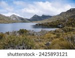 Cradle Mountain Lake St Clair National Park, Tasmania, Australia. Beautiful lake St. Clair is surrounded by hills and mountains. Aboriginal heritage site. Stunning Tasmanian landscapes and nature. 