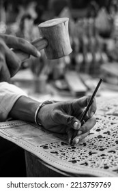 Craft Artist Making Traditional Buffalo Leather Carving Art In Indonesia