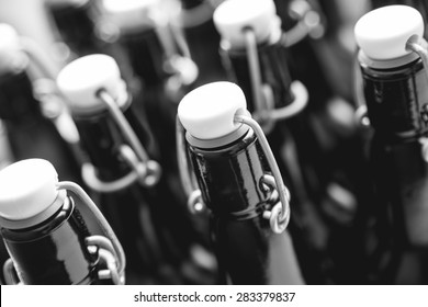 Craft Beer Bottles. Alcohol, Brewing, Beer And Drinking Concept. Black And White