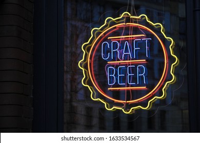 Craft Beer Neon Sign On Black Glass