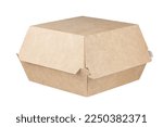 Craft brown burger eco box isolated on white background. Eco-friendly food packaging. Full Depth of field. Focus stacking. Png