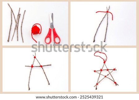 Craft DIY collage: step-by-step tutorial on making star-shaped ornament from sticks and red yarn. Materials and hands tying knots. Christmas decoration concept