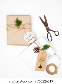 Craft and handmade present gift boxes of Christmas on white background. Creative Flat layout and top view composition with border and copy space design. 