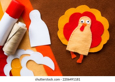 Craft For Kids. DIY Felt Finger Toy Turkey For Thanksgiving Day. Create Art For Children. Finger Toy.