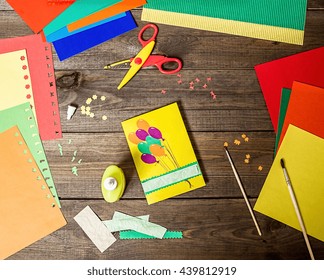 Craft Making A Greeting Card Colored Paper Applique Handmade Scissors Craft Making A Greeting Card Colored Paper Applique Handmade Scissors