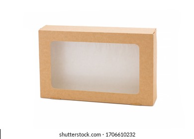 Craft paper disposable box with window. Disposable biodegradable takeaway kraft paper fast food container isolated on white background