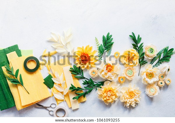 Craft Paper flowers yellow
floral design elements crepe paper peonies dahlia ranunculus top
view