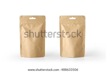 Craft paper pouch bag front and back view isolated on white background. Packaging template mockup collection. With clipping Path included.