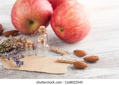 Craft paper, rustic decor, lavender flowers and apples on wooden table
