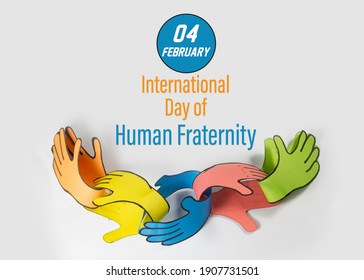 Craft Of Some Paper Made Hands Holding Each Other Like A Chain. Creative Wishing Card Idea For International Day Of Fraternity, 4 February. This Idea Also For Friendship, Unity, World Day Design.