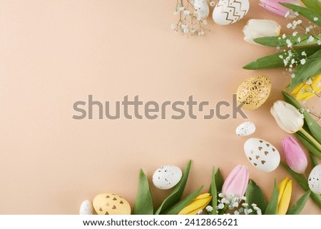 Crafting an Easter mood. Top view photo of eggs, fresh tulips on beige background with promo space