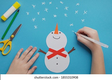 Crafts For Children. Little Child Making Winter Decoration From Paper. Children's Art Project. DIY Concept. Handmade Easy Paper Crafts For Kids