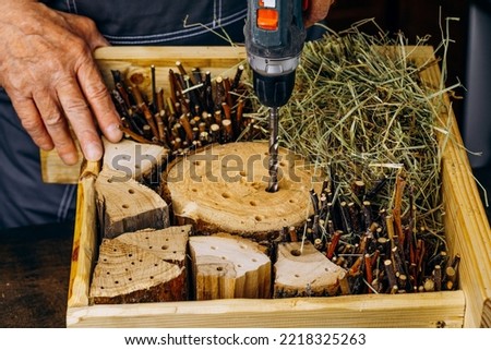 A craftsman making a wooden house for insects. A carpenter using a tool in the workshop.