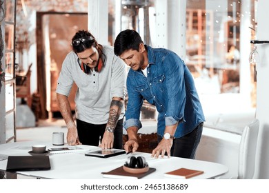 Craftsman, planning and tablet for teamwork in workshop with startup collaboration and software training. Welder or people with digital tech and talking of process in trade and steel industry online - Powered by Shutterstock