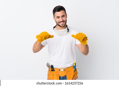 Craftsmen Or Electrician Man Over Isolated White Background Proud And Self-satisfied