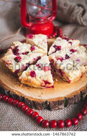 Similar – square pieces of cake crumble with cherry