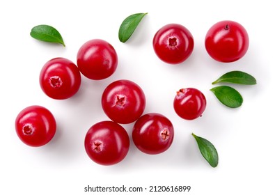 Cranberry isolated. Cranberries with leaves on white background. Cranberry berries top view with clipping path. Full depth of field. - Shutterstock ID 2120616899