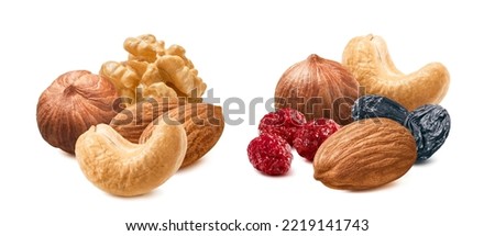 Cranberry, raisin, hazelnut, almond, walnut and cashew nut set isolated on white background. Package design element with clipping path