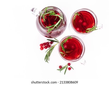 Cranberry Tea Or Refreshing Cocktail With Cranberry And Rosemary Isolated On White Background. Top View.