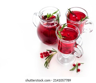 Cranberry Tea Or Refreshing Cocktail With Cranberry And Rosemary Isolated On White Background. Top View.