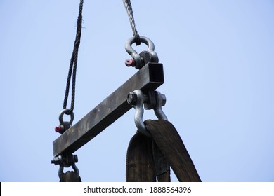 Crane Boom With Isolated Hook, Blue Sky Background,Elements Of Crane: Hook, Loop, Chain, Connecting Parts