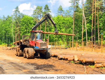 Crane forwarder machine during clearing of forested land. Wheeled harvester transports raw timber from felling site out. Harvesters, Forest Logging machines. Forestry forwarder on deforestation.