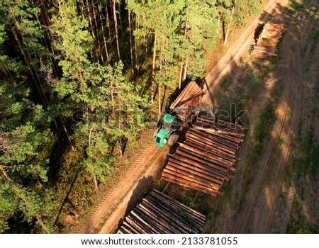 Crane forwarder machine during clearing of forested land. Wheeled harvester transports raw timber from felling site out. Harvesters, Forest Logging machines. Forestry forwarder on deforestation.