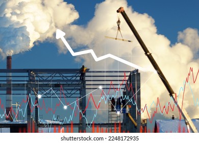 Crane and graph building, a concept of high demand for real estate. Improving the energy efficiency of housing. Rising housing prices. Selective focus