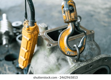 Crane hook. The system of pulleys and ropes. Close up crane hook for overhead crane. - Powered by Shutterstock