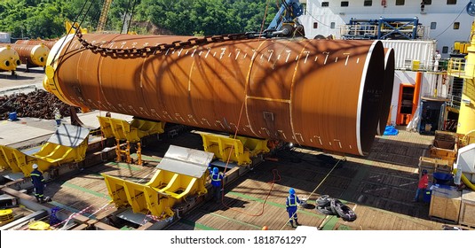 Crane Lifts A Pile For Offshore Construction 