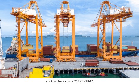 Crane loading box container to cargo ship at commercial dock port. Shipyard Cargo Container Sea Port Freight forwarding service logistics and transportation. International Shipping  Customs Port.	

 - Powered by Shutterstock