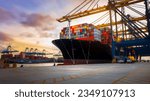 Crane loading Cargo Container export container ship in the international terminal logistics sea port concept freight shipping by ship, Truck running in port under the Big Crane transport trade