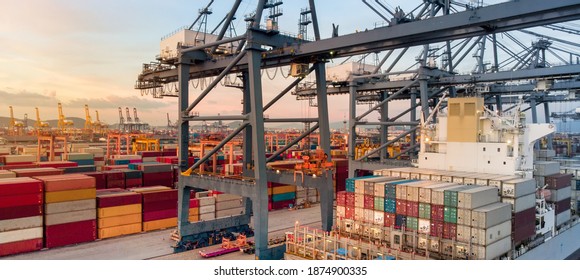 Crane Loading Cargo Container To Container Ship In The International Terminal Yard Container Depot Sea Port Concept Freight Shipping By Ship At Sunrise .