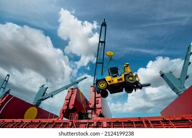 Crane Of The Ship Lifting Machinery Forklift For Operation In The Port Terminal, Lifting Heavy Unite Prepare Specialist Handling Operation