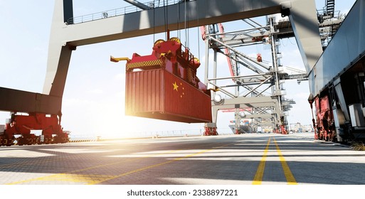 Crane unloading container with china flag in the port