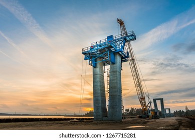 A Crane Is Working At The Cunstruction Site Of Crown Princess Mary´s Bridge In Frederikssund, Denmark, December 26, 2018