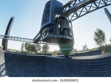 A crane-based 3D printer constructs a concrete building under a clear sky in an open field. 3d render