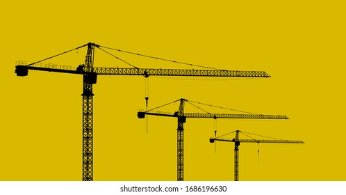 Cranes isolated on yellow background. Cranes are large and tall machines used for moving objects that weigh heavy to hang on to the protruding arm.