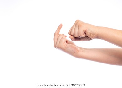 Crank Lever Middle Finger Insult, Child Gesture, Hand Of A School Aged Boy Isolated On White Background In Studio Shot.