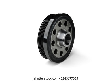 Crankshaft pulley isolated on white background. Car torsional vibration damper. - Shutterstock ID 2243177335