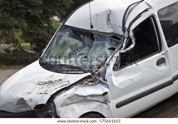 Crash car on\
accident site. Windshield\
glass