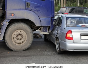 Crash, Car Under A Big Truck On A Motorway